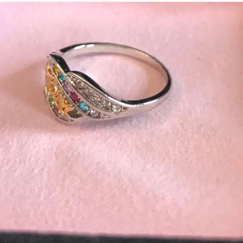 Mom Multicolor Crystal Ring - Silver and Gold Tone